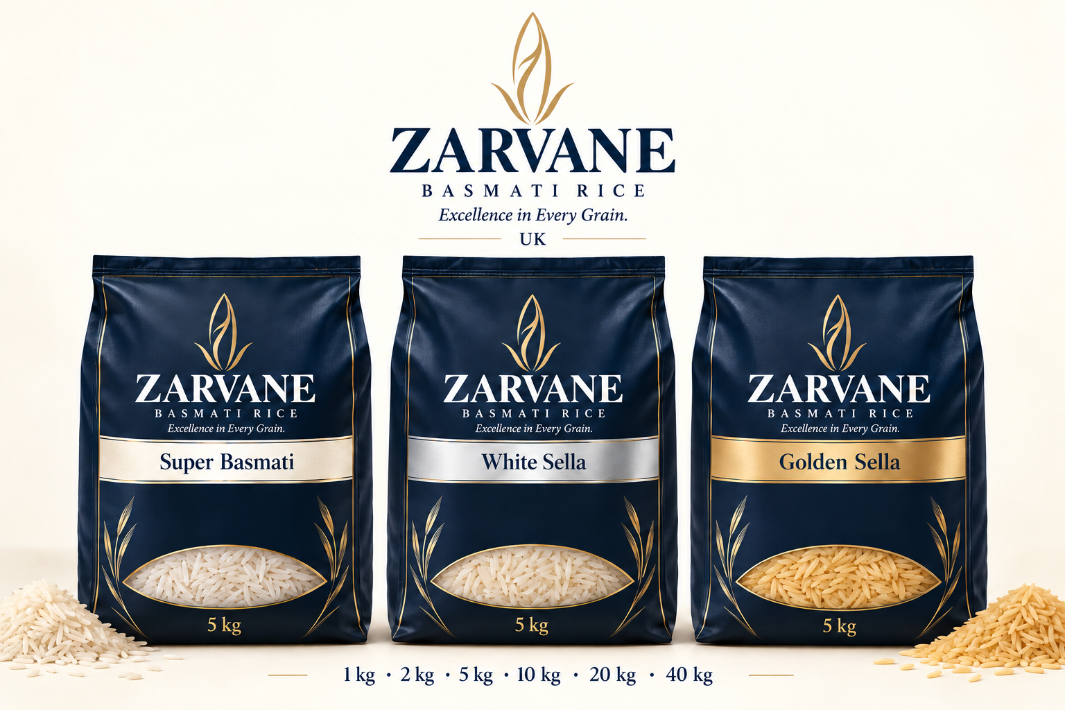 Zarvane Rice bag beside a bowl of fluffy basmati rice